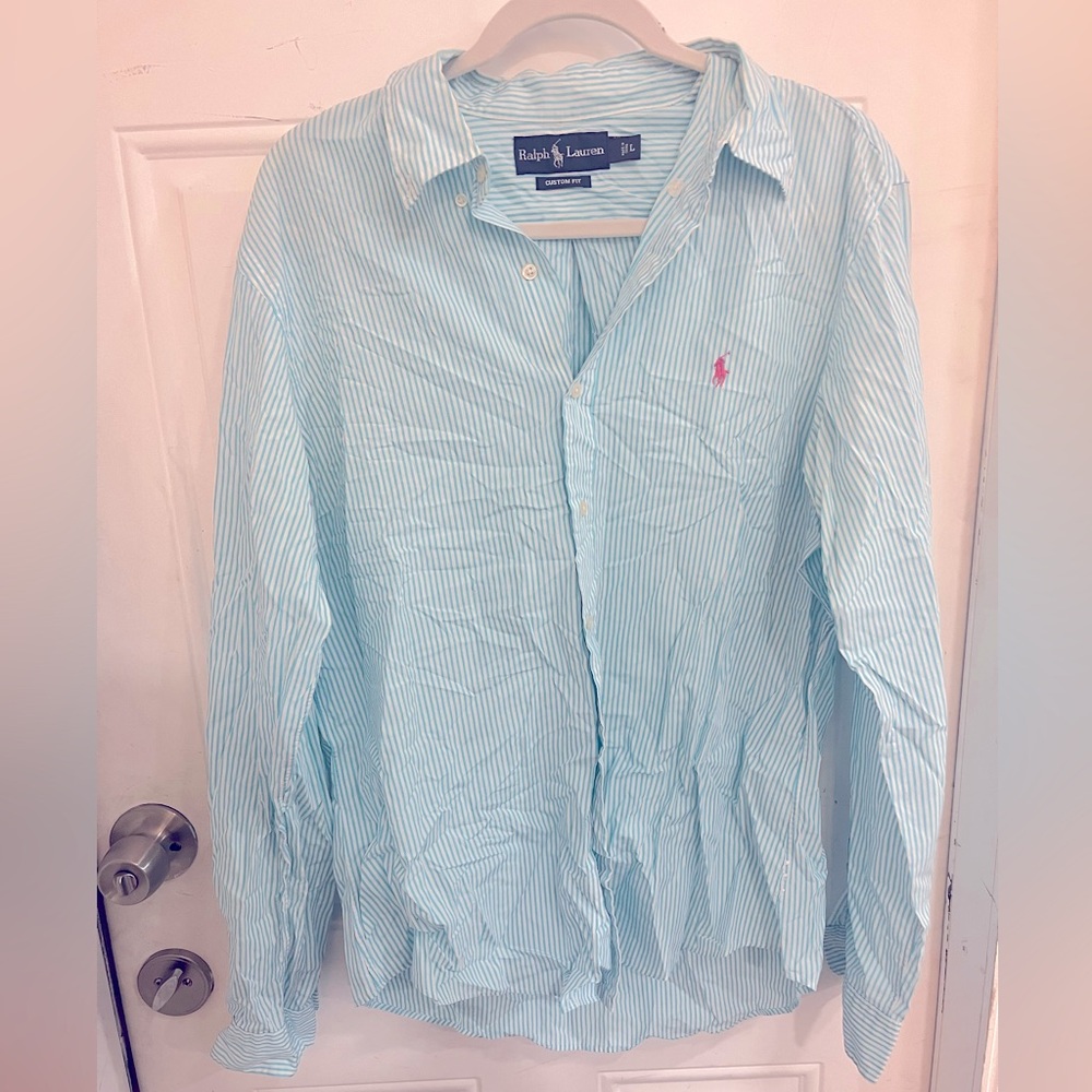 Blue and White Polo Ralph Lauren Button Down Shirt Custom Fit Large